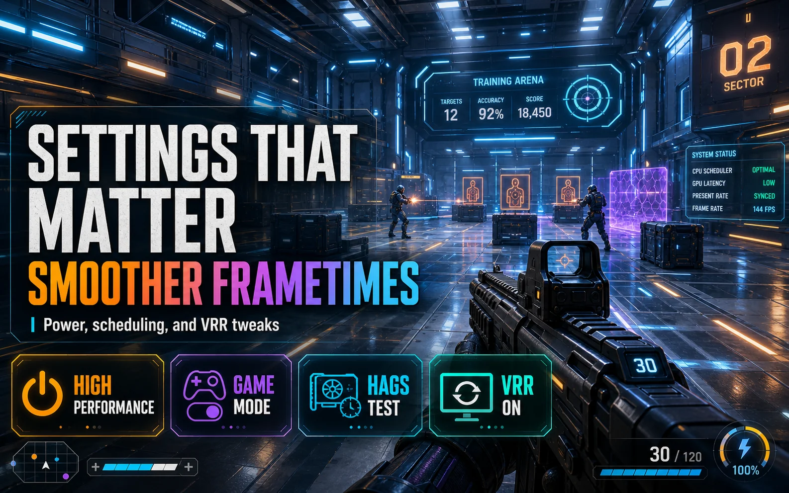 Sci-fi shooter training arena with Windows 11 gaming settings text for High Performance Game Mode HAGS test and VRR on