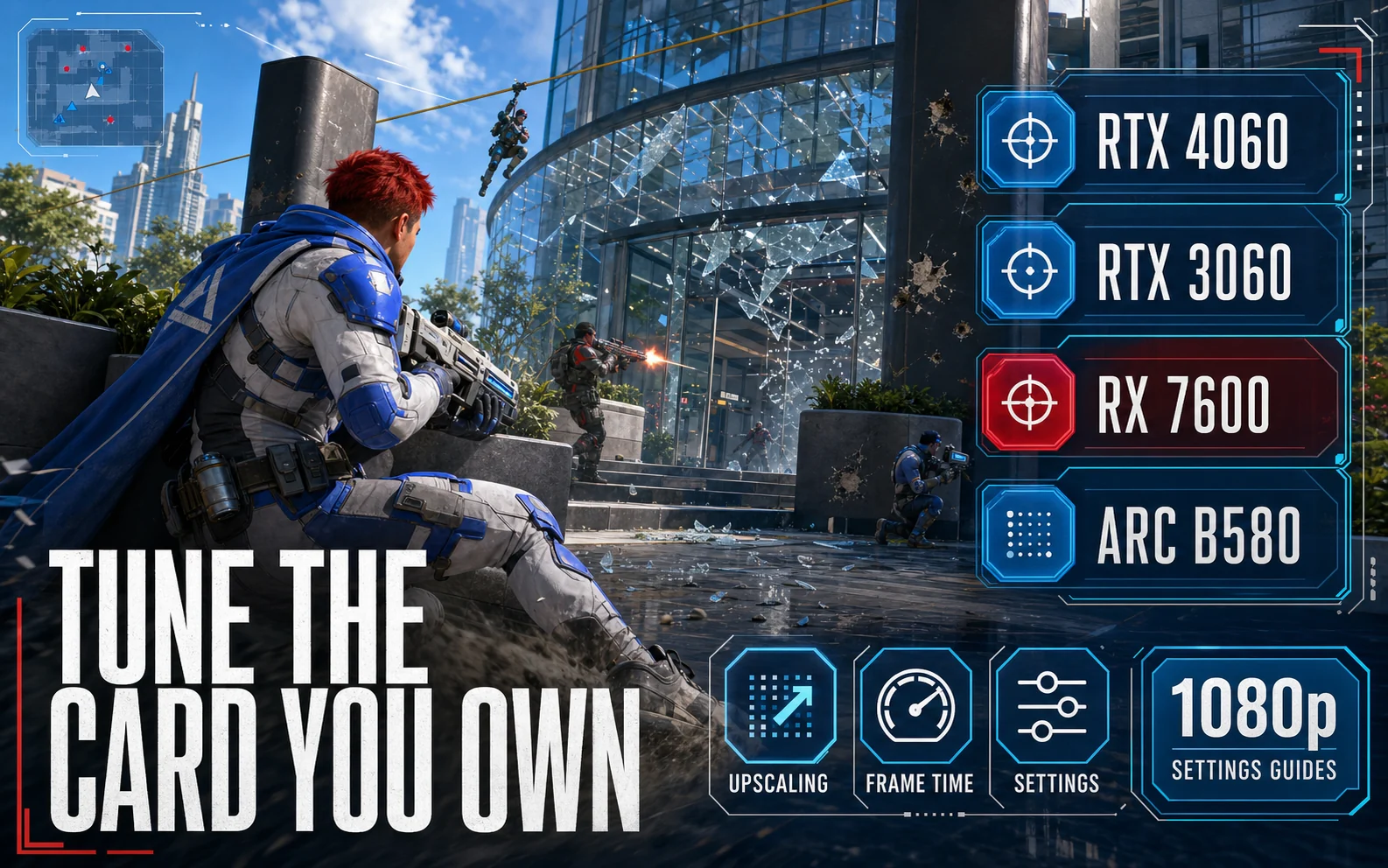 CheapFPS inline graphic listing RTX 4060, RTX 3060, RX 7600, and Arc B580 as budget GPUs to tune for 1080p settings guides.