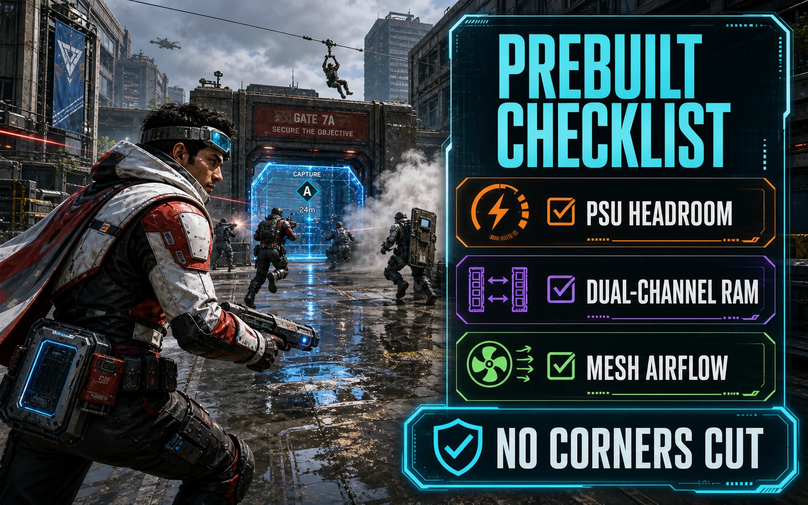 CheapFPS prebuilt checklist graphic highlighting PSU headroom, dual-channel RAM, mesh airflow, and no corners cut.
