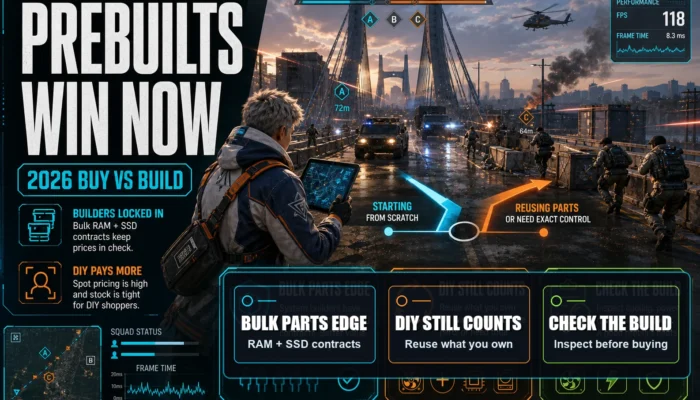 CheapFPS gaming graphic for the 2026 buy versus build shift, showing prebuilt value, DIY reuse, and build inspection callouts.
