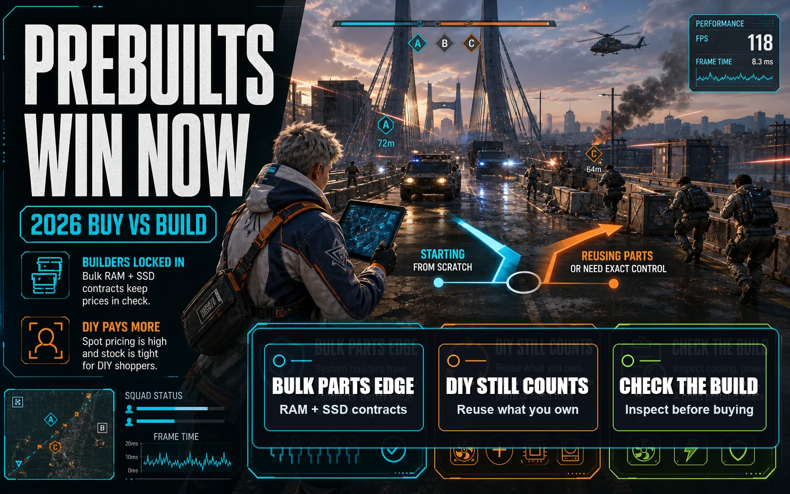 CheapFPS gaming graphic for the 2026 buy versus build shift, showing prebuilt value, DIY reuse, and build inspection callouts.