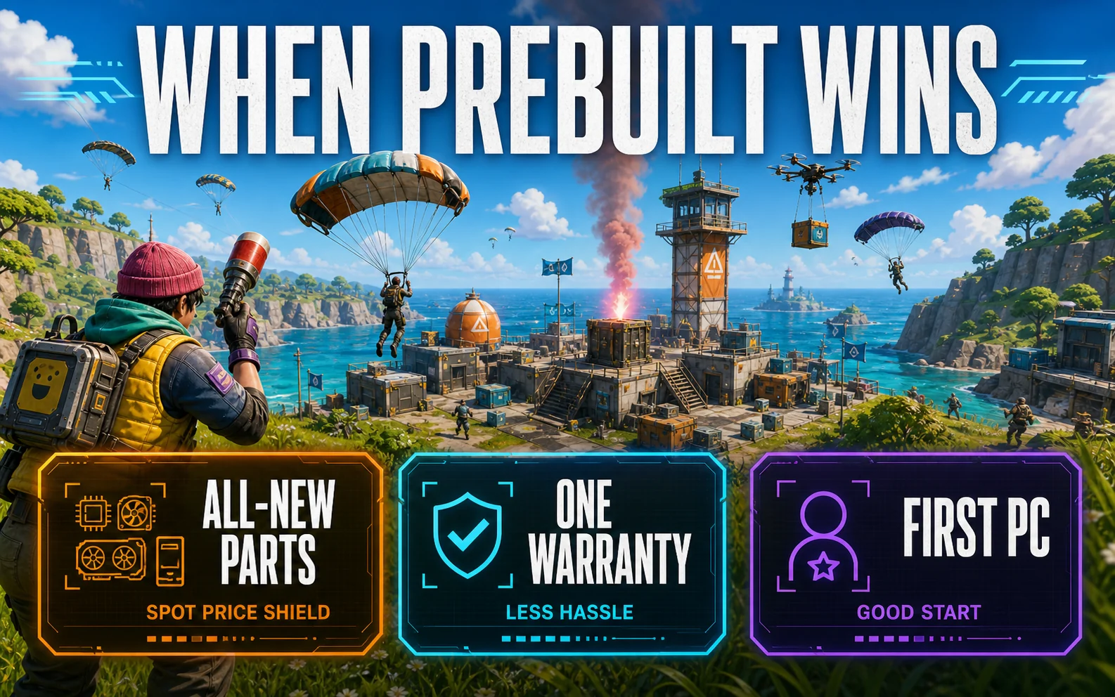 CheapFPS graphic showing when a prebuilt wins: all-new parts, one warranty, and a good first PC starting point.