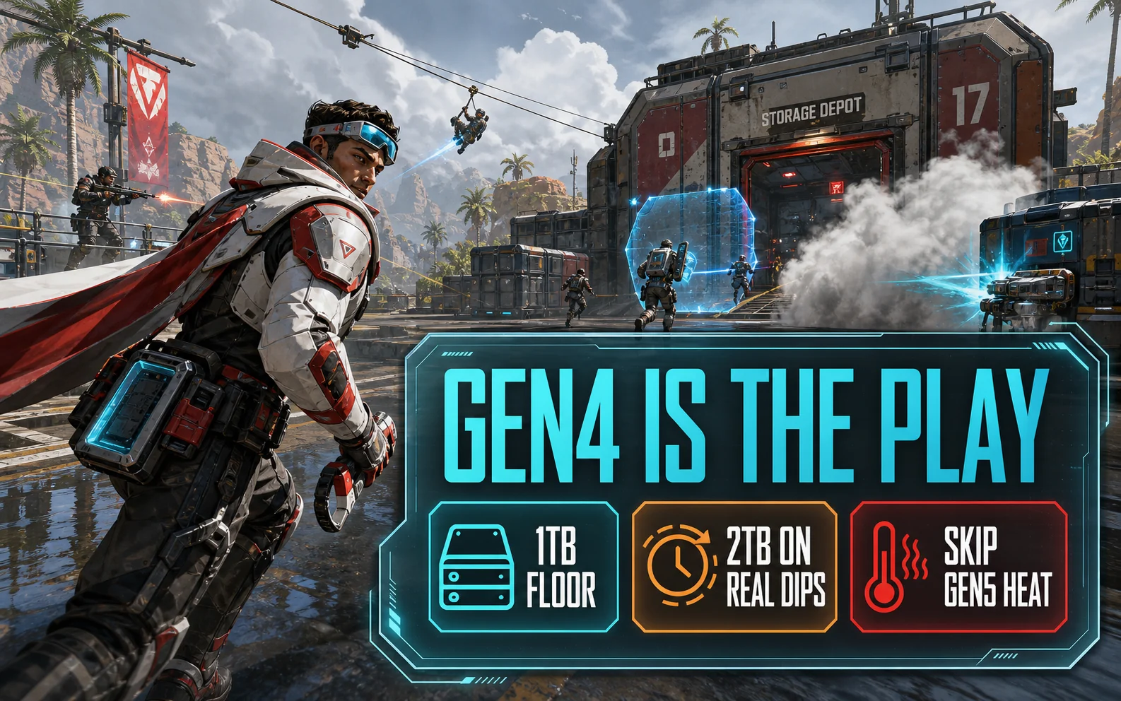 CheapFPS storage buying graphic highlighting Gen4 as the play, 1TB floor, 2TB on real dips, and skipping Gen5 heat.