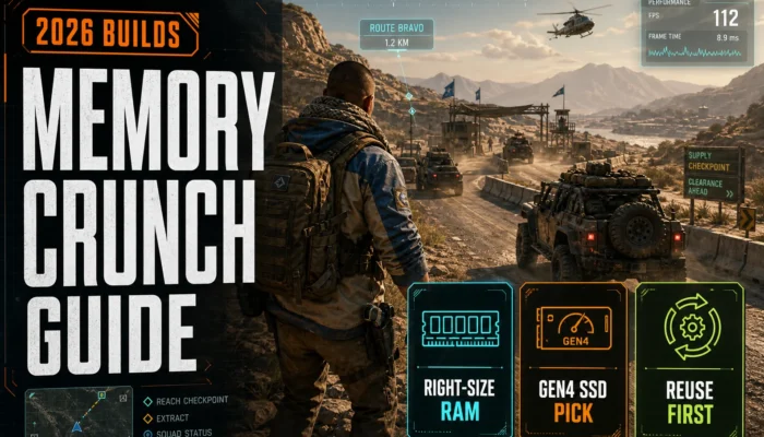 CheapFPS gaming graphic for a 2026 RAM and SSD buying guide with right-size RAM, Gen4 SSD pick, and reuse first callouts.