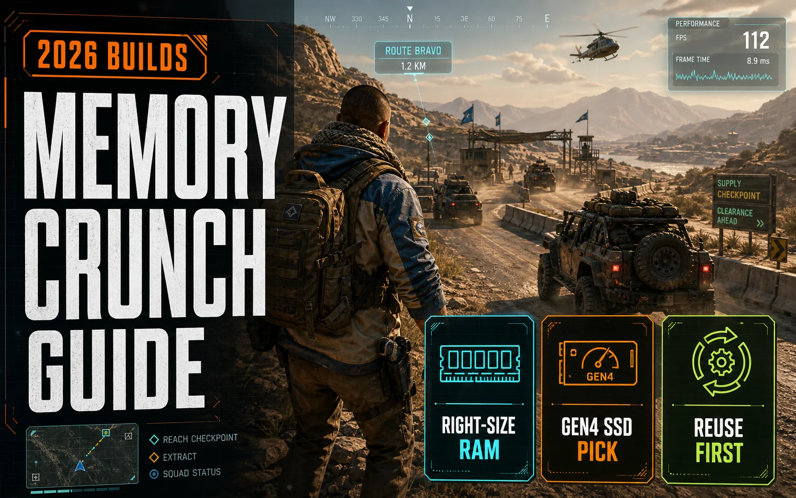 CheapFPS gaming graphic for a 2026 RAM and SSD buying guide with right-size RAM, Gen4 SSD pick, and reuse first callouts.