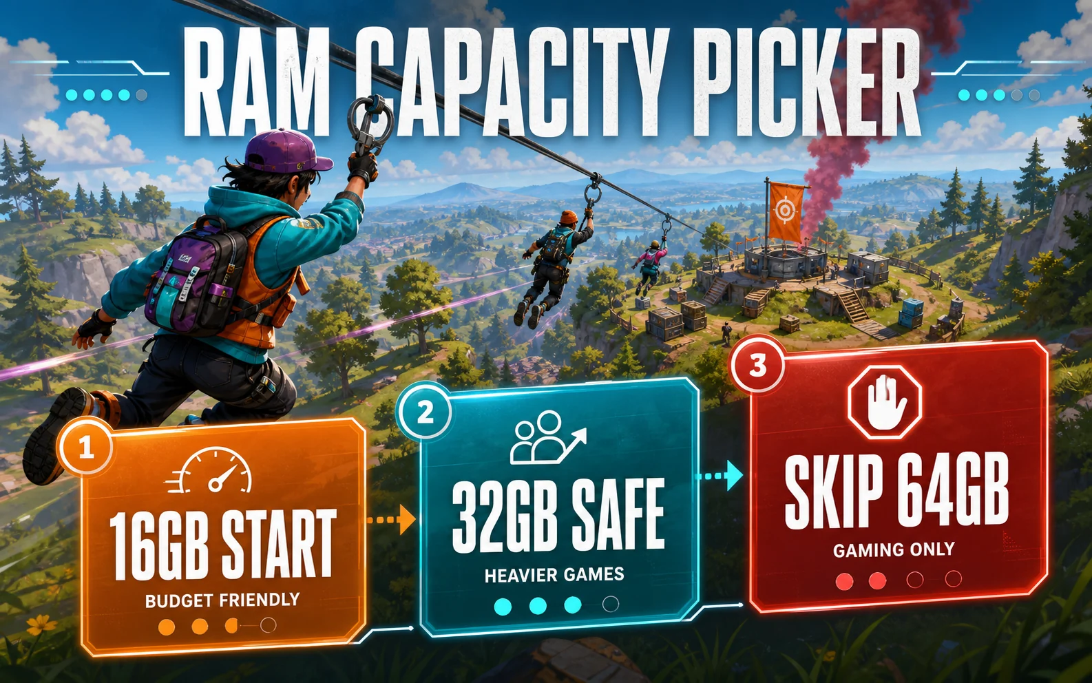 CheapFPS RAM capacity picker graphic showing 16GB start, 32GB safe, and skip 64GB for gaming-only budget builds.