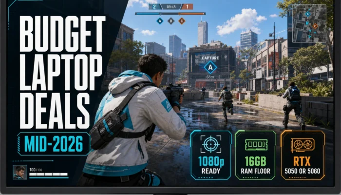 CheapFPS gaming graphic for mid-2026 budget laptop deals with 1080p, 16GB RAM, and RTX 5050 or RTX 5060 callouts.