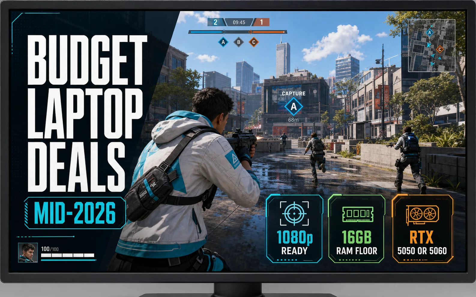 CheapFPS gaming graphic for mid-2026 budget laptop deals with 1080p, 16GB RAM, and RTX 5050 or RTX 5060 callouts.