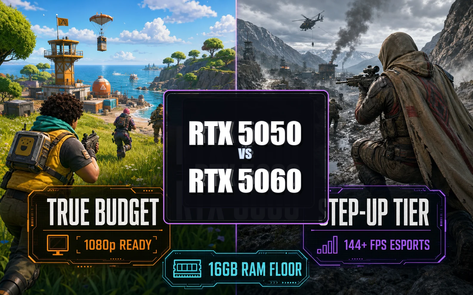 Split-screen CheapFPS graphic comparing RTX 5050 true-budget 1080p laptops with RTX 5060 step-up laptops for esports performance.