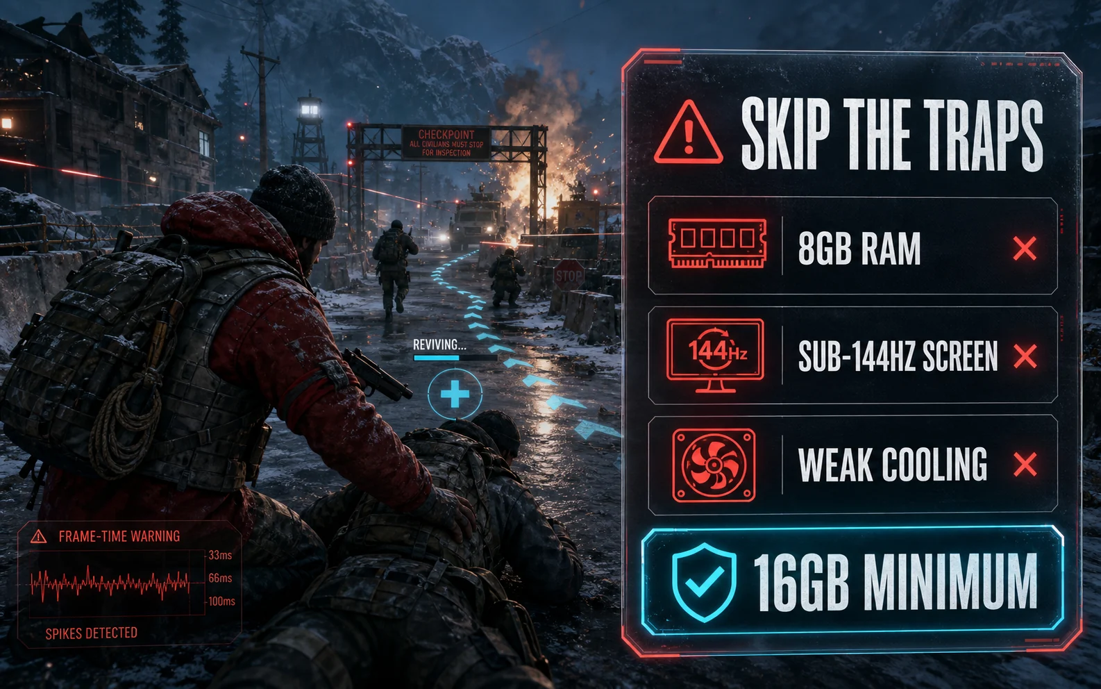 CheapFPS warning graphic listing 8GB RAM, sub-144Hz screens, and weak cooling as traps to avoid, with 16GB minimum highlighted.