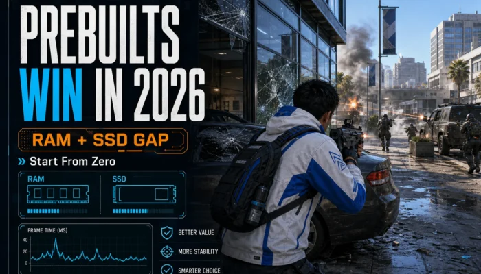 CheapFPS graphic showing a city firefight with HUD panels about prebuilts winning in 2026 because of the RAM and SSD gap.