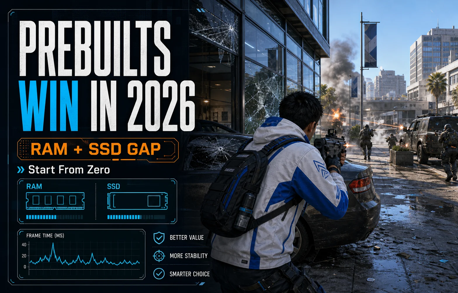CheapFPS graphic showing a city firefight with HUD panels about prebuilts winning in 2026 because of the RAM and SSD gap.