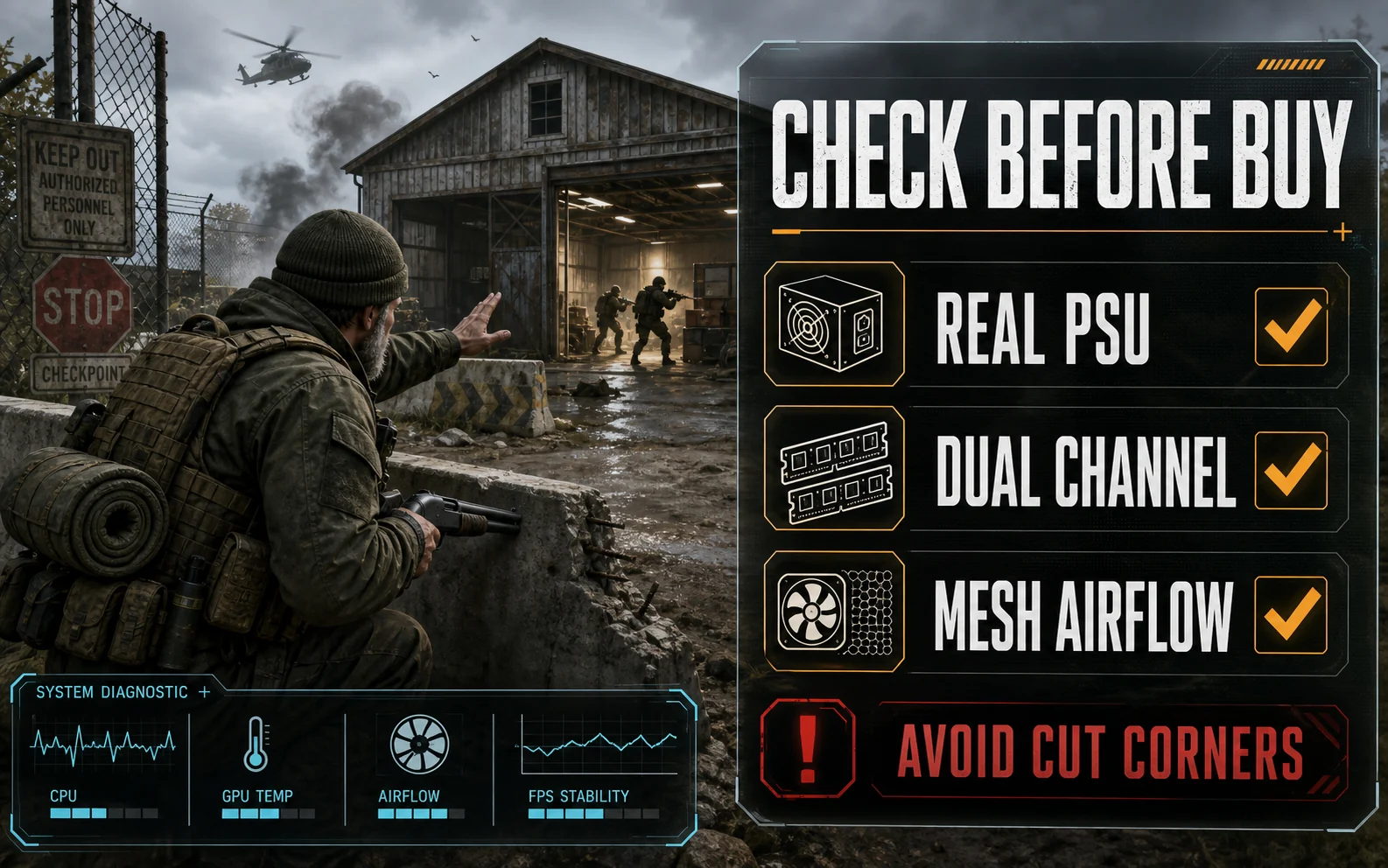 CheapFPS graphic showing a tactical checkpoint scene and a checklist for real PSU, dual channel RAM, and mesh airflow.