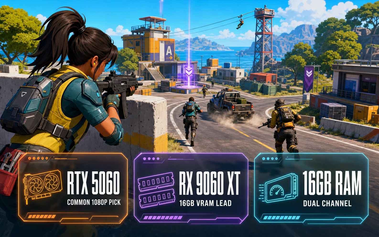 CheapFPS graphic with gaming action and three HUD cards for RTX 5060, RX 9060 XT, and 16GB dual channel RAM.