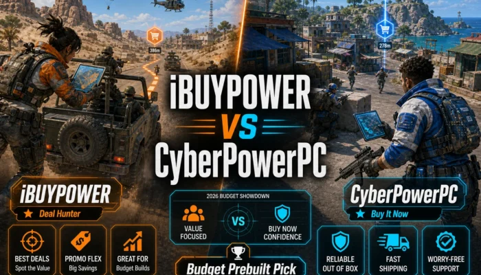 CheapFPS game-setting comparison graphic showing iBUYPOWER as the deal-hunter route and CyberPowerPC as the buy-it-now route.