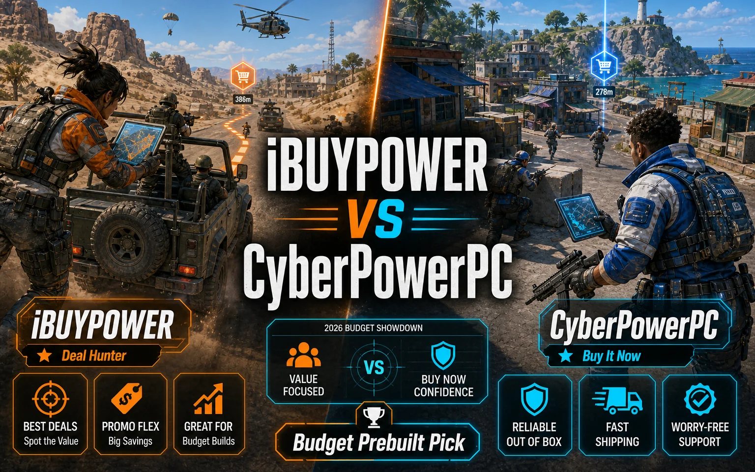 CheapFPS game-setting comparison graphic showing iBUYPOWER as the deal-hunter route and CyberPowerPC as the buy-it-now route.