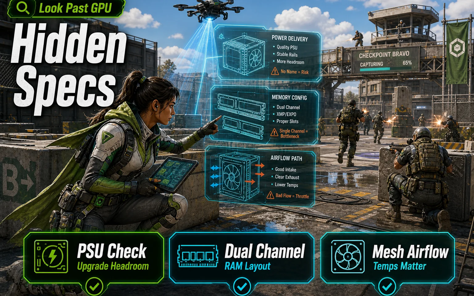 CheapFPS hidden specs graphic with PSU Check, Dual Channel, and Mesh Airflow cards over an active game checkpoint scene.