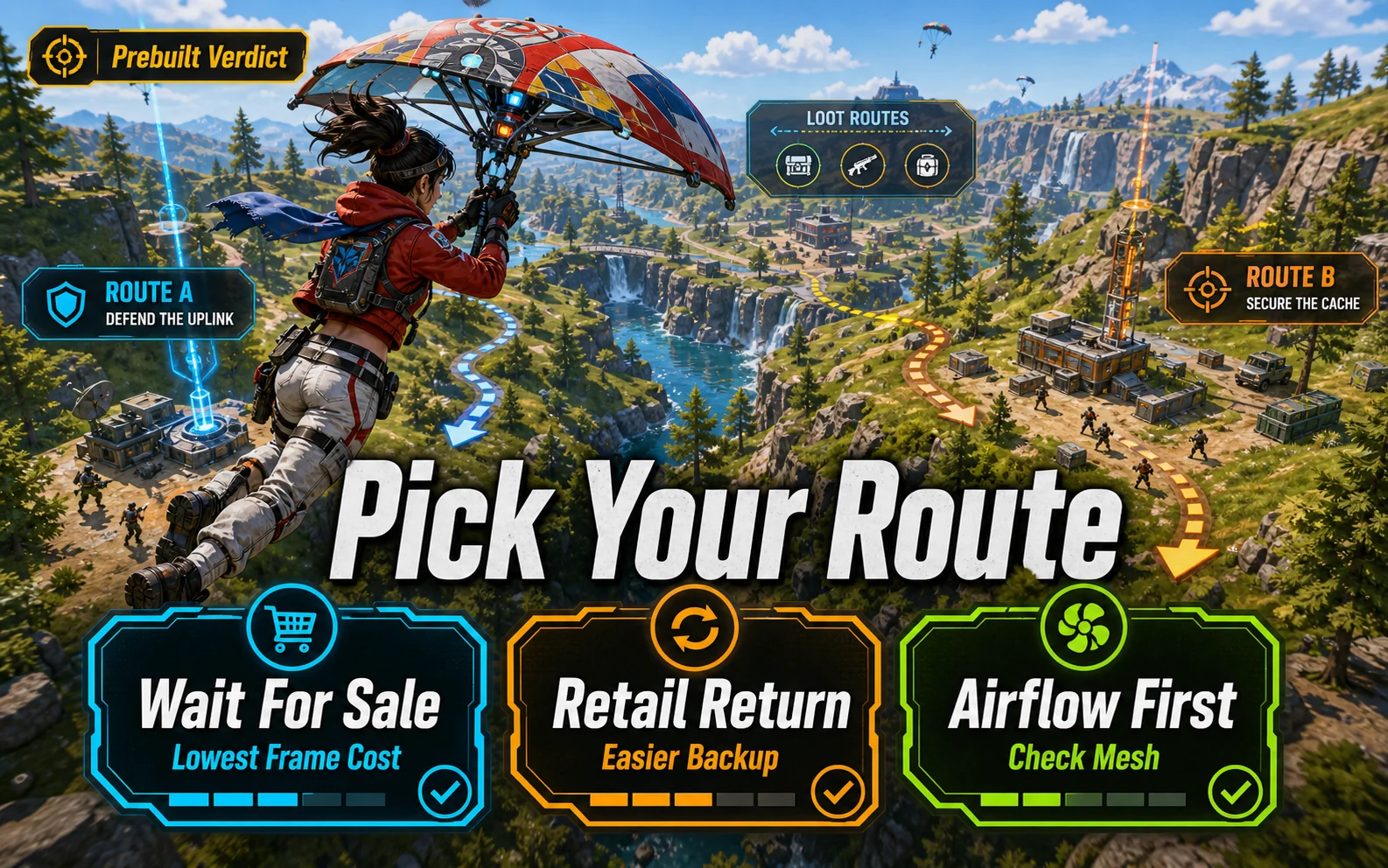 CheapFPS pick your route graphic with Wait For Sale, Retail Return, and Airflow First cards in a bright battle royale scene.