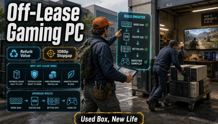 CheapFPS editorial graphic showing an off-lease gaming PC upgrade path with Refurb Value and 1080p Stopgap callouts.