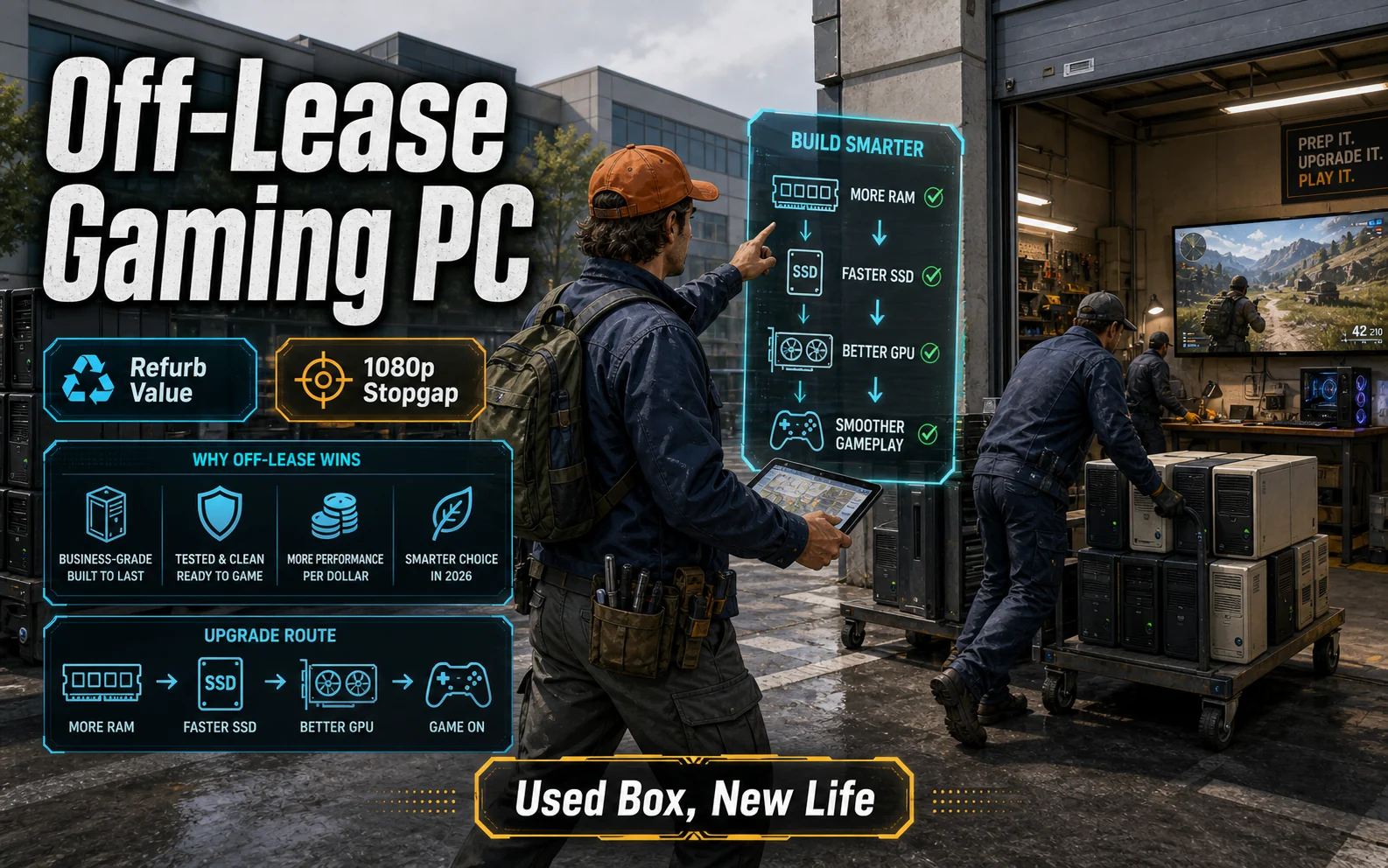 CheapFPS editorial graphic showing an off-lease gaming PC upgrade path with Refurb Value and 1080p Stopgap callouts.