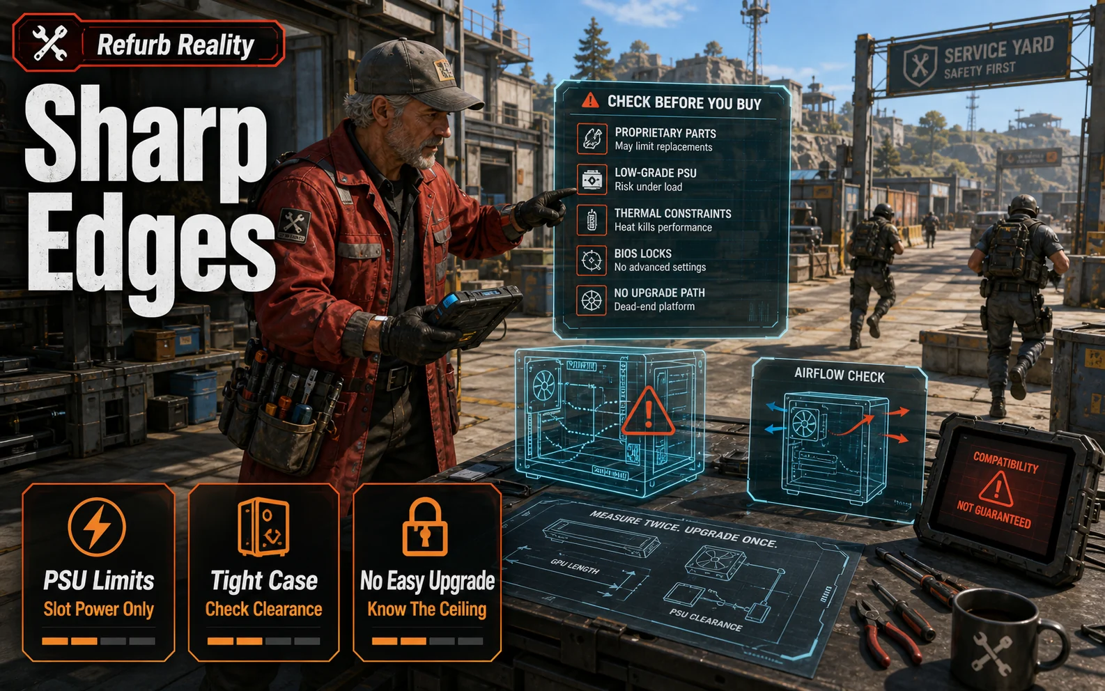CheapFPS caution graphic with Sharp Edges, PSU Limits, Tight Case, and No Easy Upgrade cards.