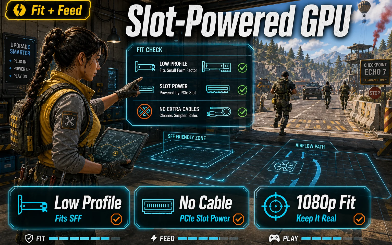 CheapFPS fit-and-power graphic with Slot-Powered GPU, Low Profile, No Cable, and 1080p Fit cards.
