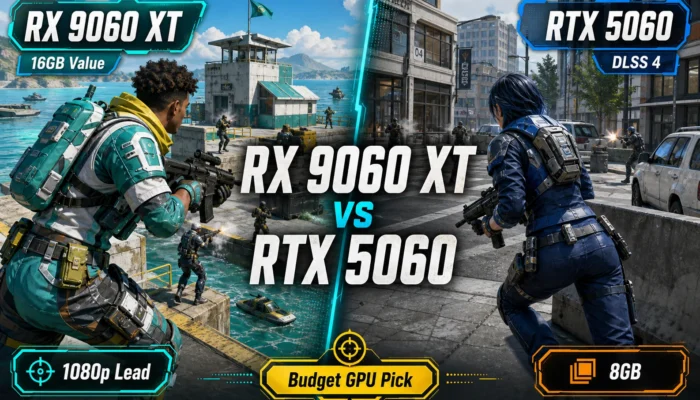 Split-screen CheapFPS gaming graphic comparing RX 9060 XT 16GB value with RTX 5060 DLSS 4 and 8GB.