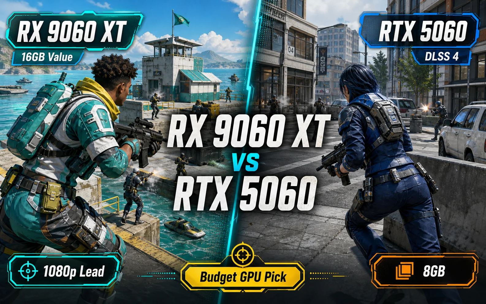 Split-screen CheapFPS gaming graphic comparing RX 9060 XT 16GB value with RTX 5060 DLSS 4 and 8GB.
