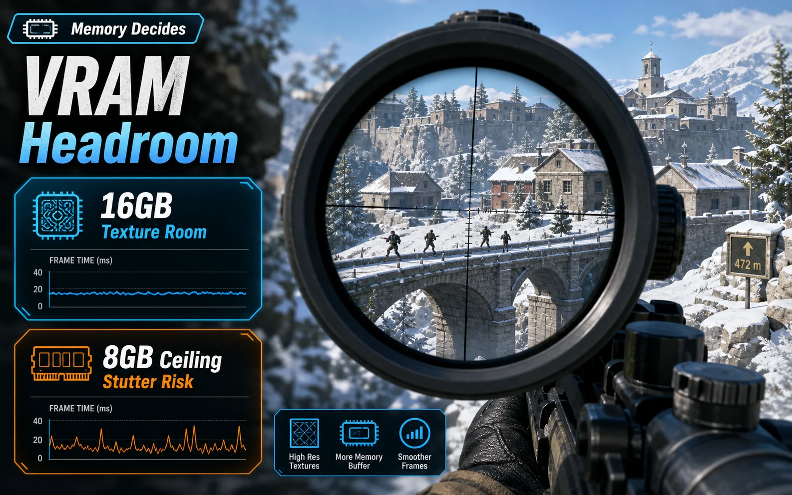 CheapFPS first-person scoped sniper graphic with VRAM Headroom, 16GB, and 8GB Ceiling cards over a snowy daylight village.