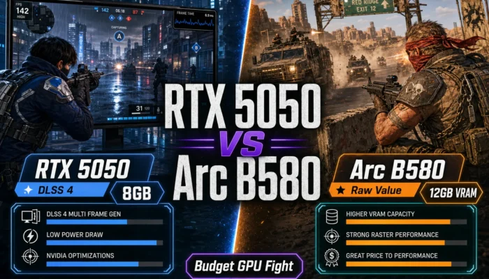 Split-screen CheapFPS gaming graphic comparing RTX 5050 DLSS 4 with Arc B580 raw value and 12GB VRAM.