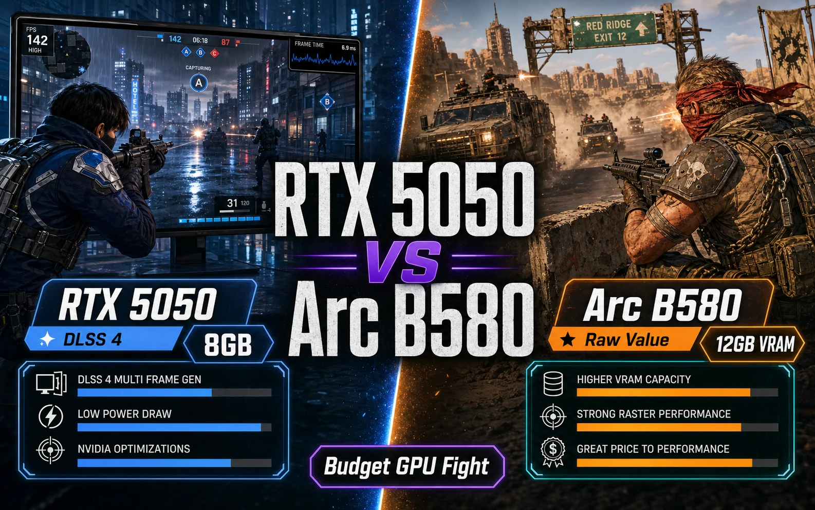 Split-screen CheapFPS gaming graphic comparing RTX 5050 DLSS 4 with Arc B580 raw value and 12GB VRAM.