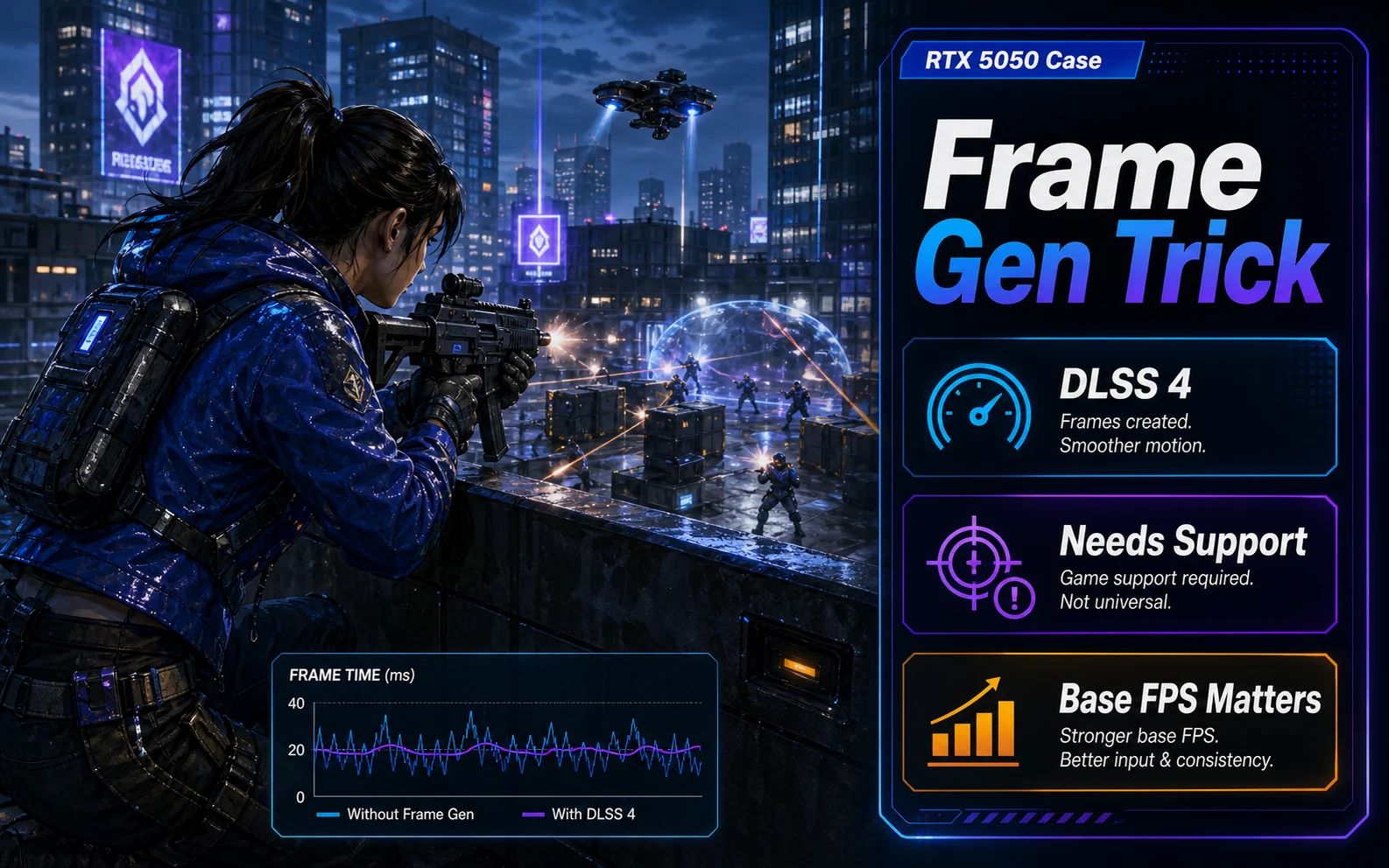 CheapFPS frame generation graphic with DLSS 4, needs support, and base FPS matters callouts over a rooftop shooter scene.