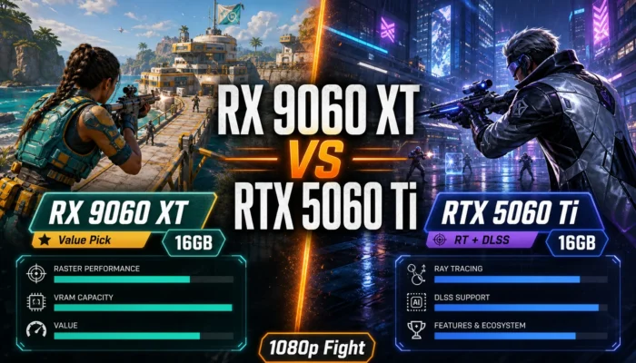 Split-screen CheapFPS gaming graphic comparing RX 9060 XT value with RTX 5060 Ti ray tracing and DLSS.