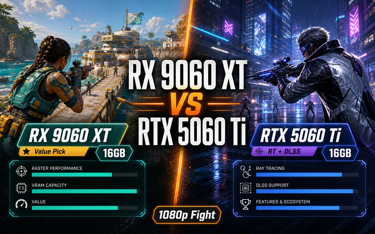Split-screen CheapFPS gaming graphic comparing RX 9060 XT value with RTX 5060 Ti ray tracing and DLSS.
