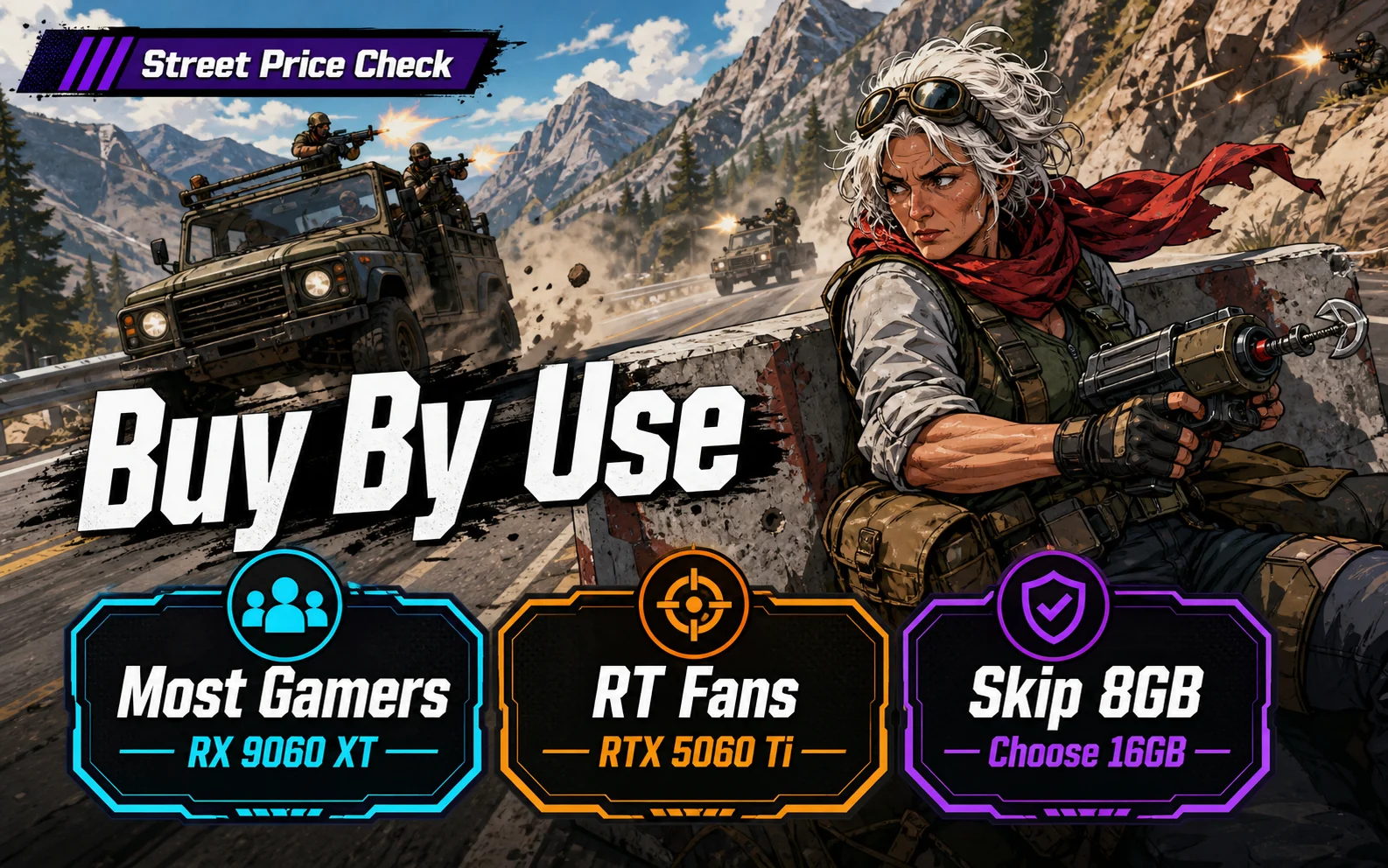 CheapFPS buyer picker graphic with Most Gamers, RT Fans, and Skip 8GB cards for choosing between RX 9060 XT and RTX 5060 Ti.