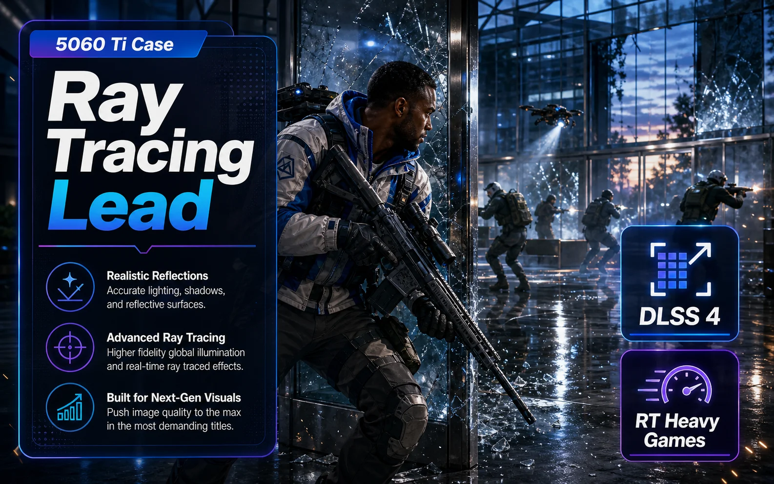 CheapFPS ray tracing lead graphic showing DLSS 4 and RT-heavy games callouts over a glass atrium shooter scene.