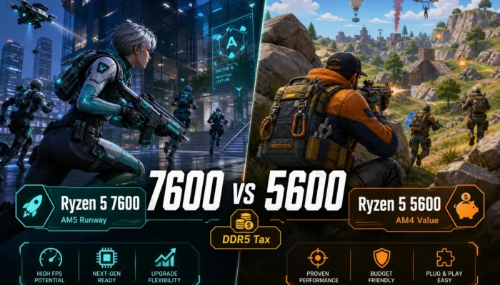 Split-screen CheapFPS graphic comparing Ryzen 5 7600 AM5 runway with Ryzen 5 5600 AM4 value in a gaming scene.