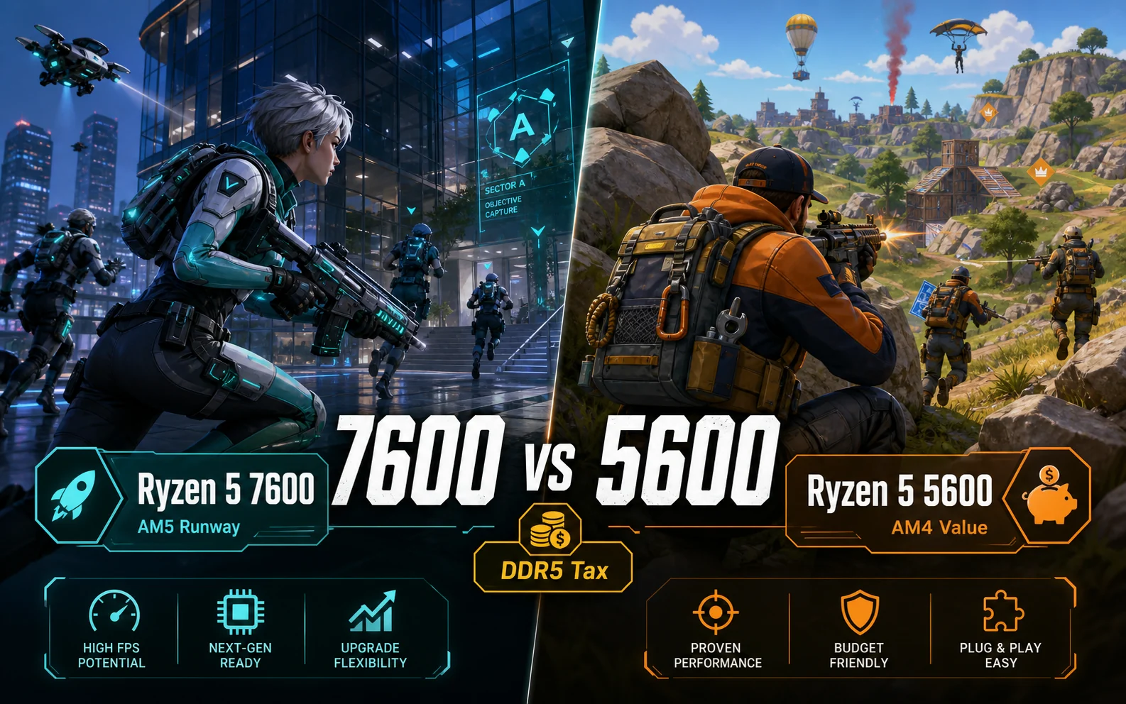 Split-screen CheapFPS graphic comparing Ryzen 5 7600 AM5 runway with Ryzen 5 5600 AM4 value in a gaming scene.