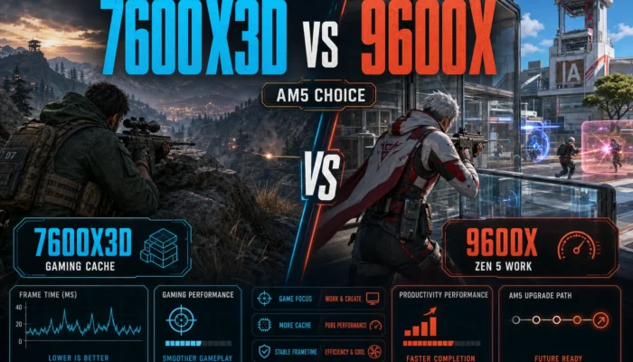 CheapFPS split-screen gaming graphic comparing Ryzen 5 7600X3D gaming cache with Ryzen 5 9600X Zen 5 work performance.