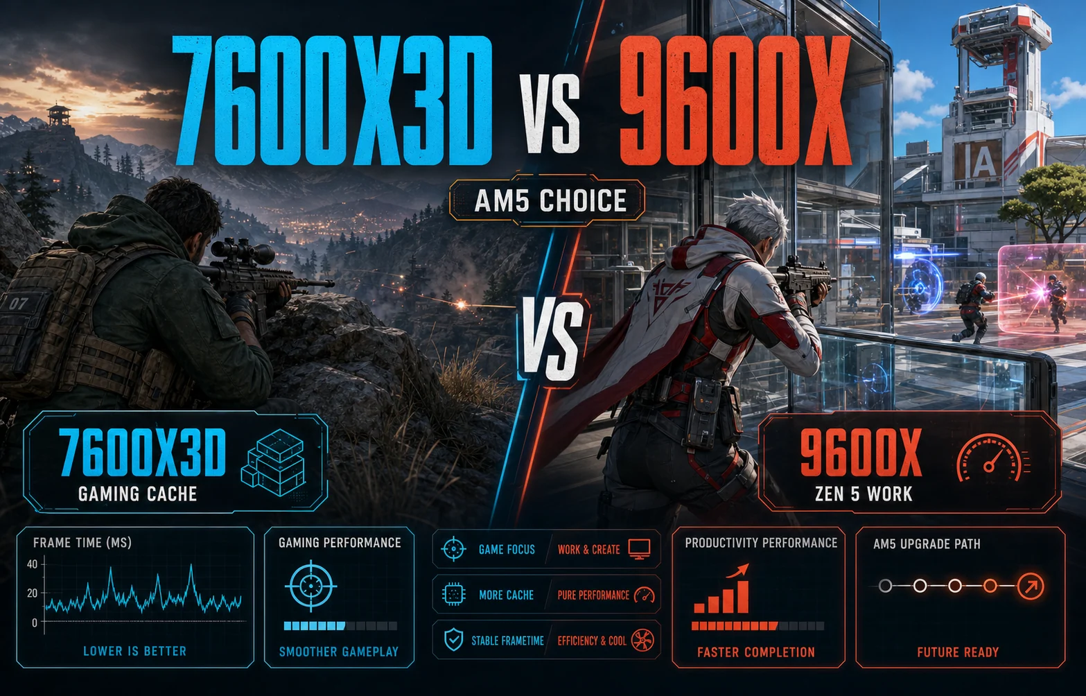 CheapFPS split-screen gaming graphic comparing Ryzen 5 7600X3D gaming cache with Ryzen 5 9600X Zen 5 work performance.
