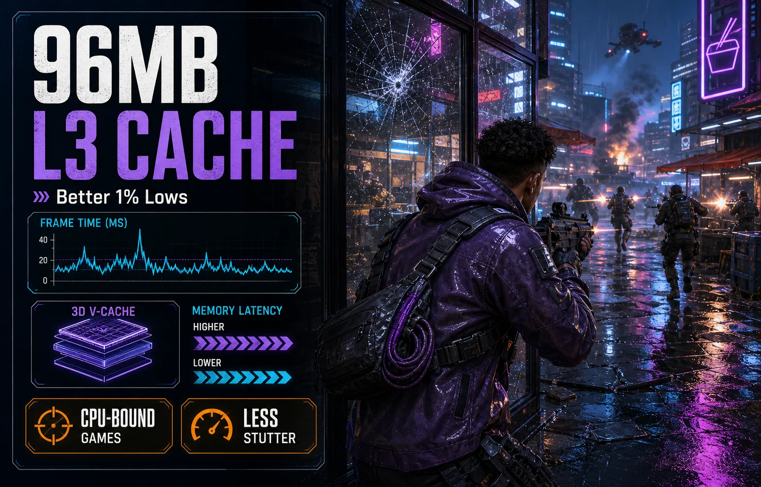 CheapFPS gaming graphic showing a 96MB L3 cache callout with better 1 percent lows and less stutter.