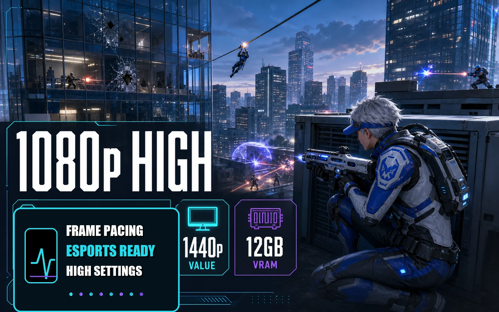 A rooftop shooter graphic with 1080p high, 1440p value, 12GB VRAM, and esports-ready performance callouts.