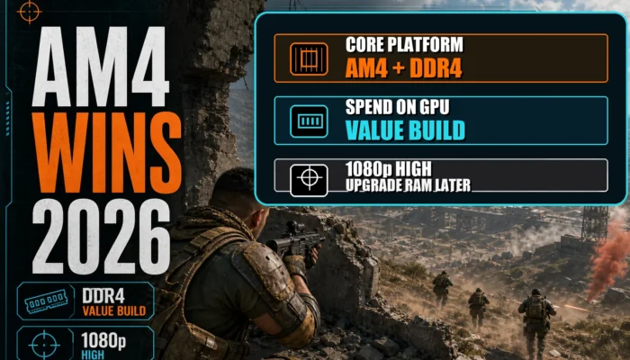 A CheapFPS gaming graphic showing AM4 as a 2026 value build with DDR4 and 1080p high gameplay callouts.