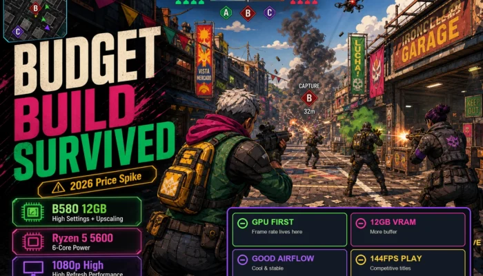 Colorful city-block shooter graphic reading Budget Build Survived with 2026 Price Spike, B580 12GB, Ryzen 5 5600, 1080p High, and GPU First callouts.