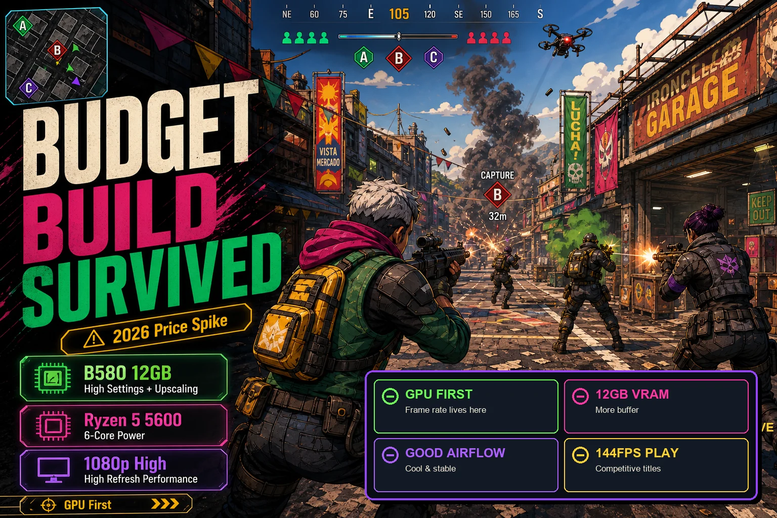 Colorful city-block shooter graphic reading Budget Build Survived with 2026 Price Spike, B580 12GB, Ryzen 5 5600, 1080p High, and GPU First callouts.