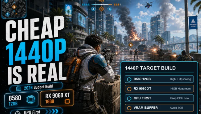 Coastal city shooter graphic reading Cheap 1440p Is Real with 2026 Budget Build, B580 12GB, RX 9060 XT 16GB, and GPU First callouts.