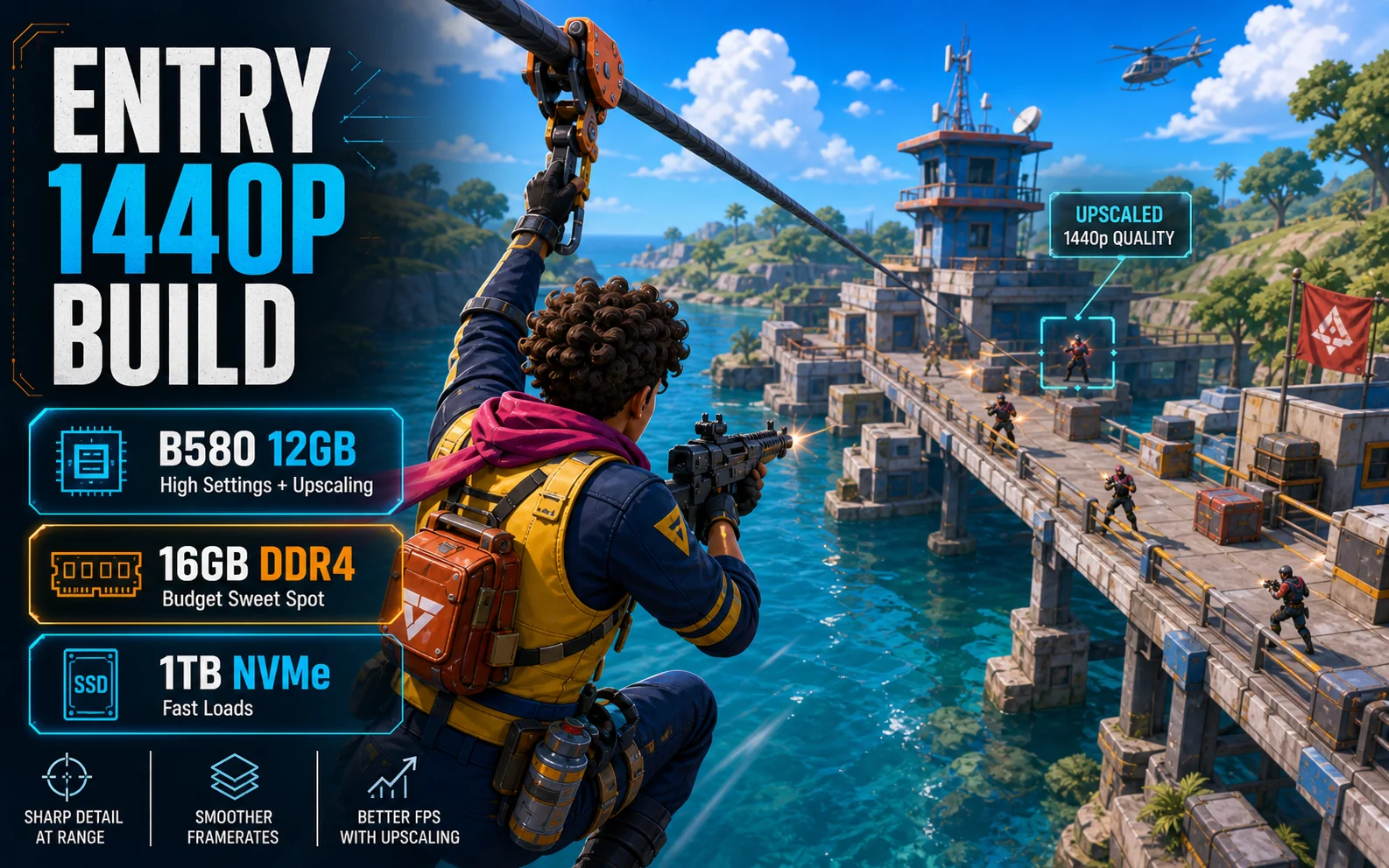 Colorful coastal bridge shooter graphic reading Entry 1440p Build with B580 12GB, 16GB DDR4, 1TB NVMe, and upscaled 1440p quality callouts.