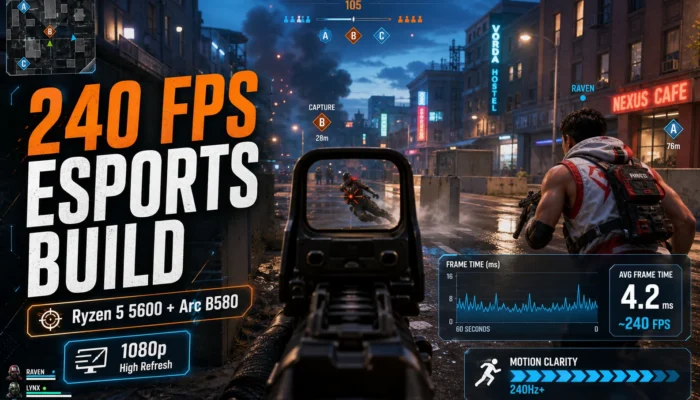 First-person shooter HUD graphic reading 240 FPS Esports Build with Ryzen 5 5600, Arc B580, and 1080p high refresh callouts.
