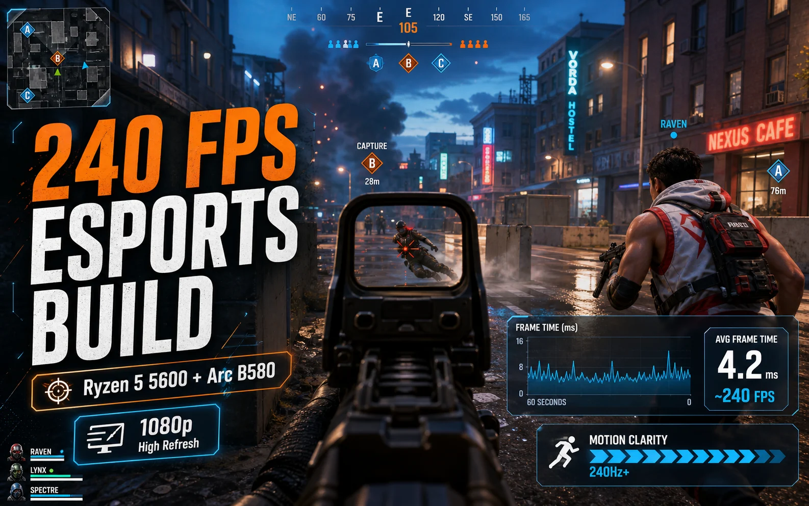 First-person shooter HUD graphic reading 240 FPS Esports Build with Ryzen 5 5600, Arc B580, and 1080p high refresh callouts.