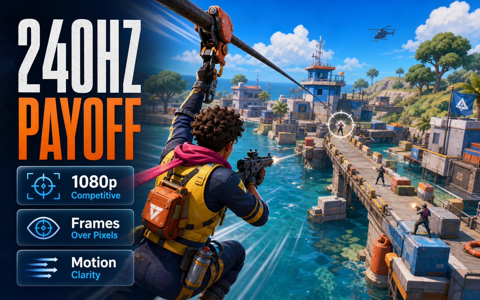 Colorful coastal shooter scene with 240Hz Payoff, 1080p Competitive, Frames Over Pixels, and Motion Clarity callouts.